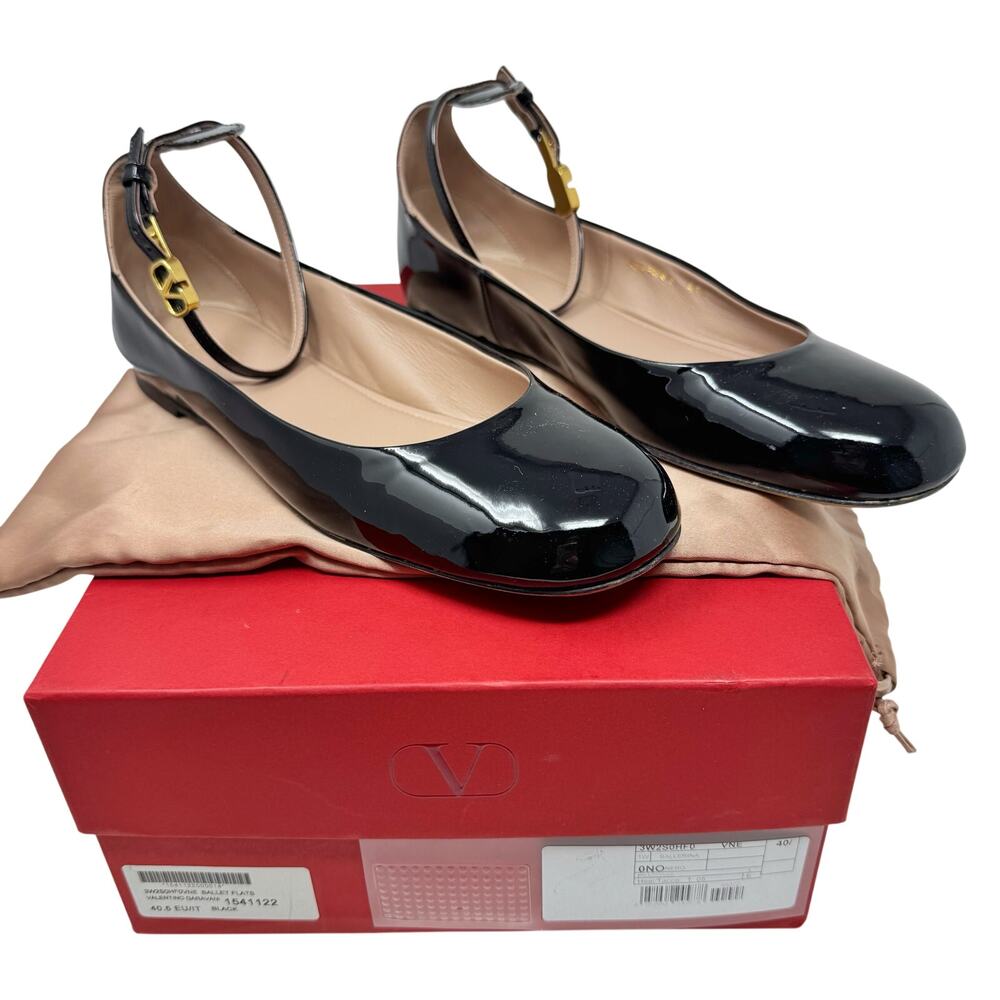 Valentino Tan-Go Ballet Flats Black Patent Ankle Strap Size 40.5